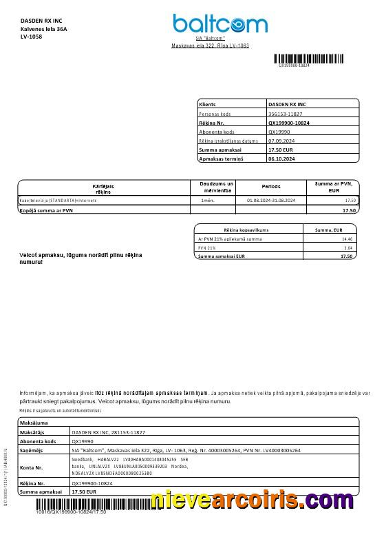 Latvia Baltcom telecommunications business utility bill (Latvian version)